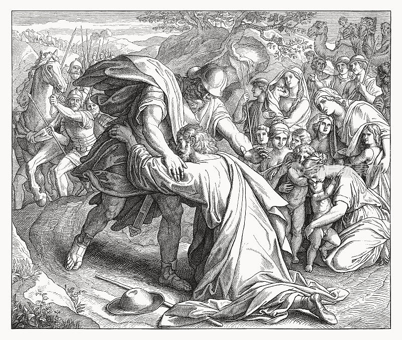 雅各与以扫和好(创世纪33,3 -4)，木刻，1860年